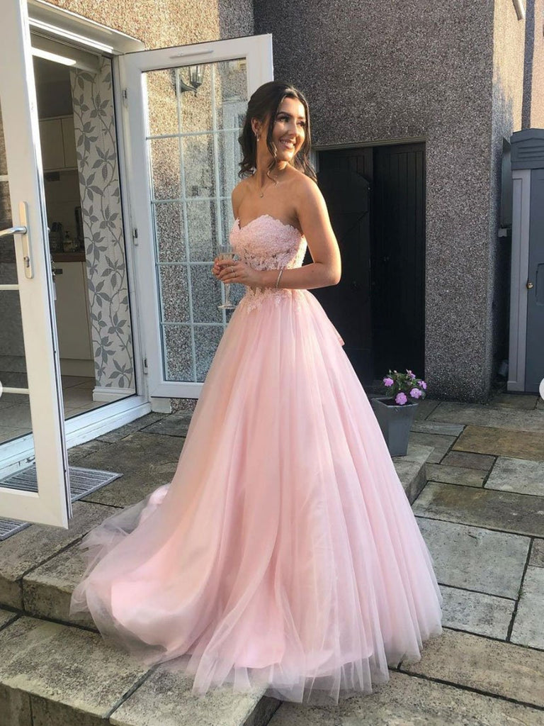 Strapless Pink Tulle Lace Prom Dresses ...